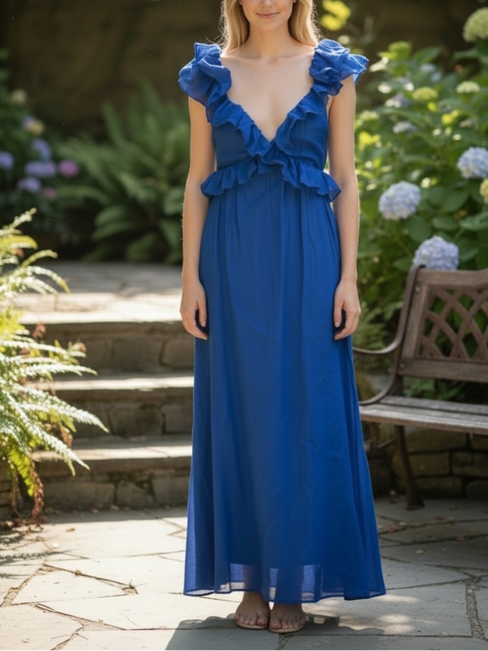 H&M Royal Blue Ruffle Tie Open Back Midi Dress